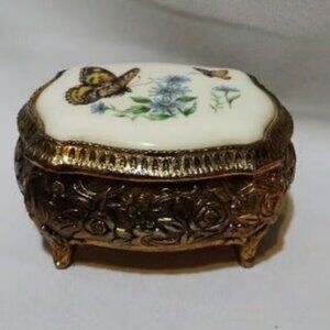 Vintage Gold Color Ceramic Butterfly Scene on Top Small Jewelry Box
